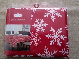 NWT Christmas Fabric Tablecloth by Trim-A-Home 60 X 102 Red/White Snowflakes - £10.35 GBP