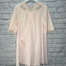 Vintage Shadowline Nylon Button Robe Pink Size S Lace Rose 3/4 Sleeve 70s/80s - £31.02 GBP