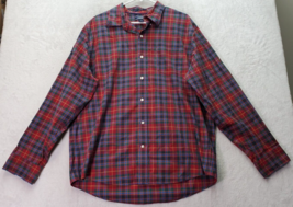 Lands&#39; End Dress Shirt Men XL Red Multi Plaid Cotton Traditional Fit But... - $18.89
