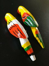 Vintage Lot of 2 Carved Yellow White Orange &amp; Green Painted Wood Tropical Bird  - £15.57 GBP