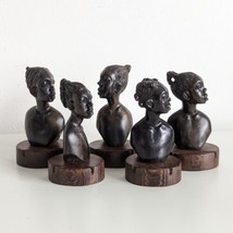 Collection of African Carved Wood Busts, Signed, Vintage - £35.60 GBP