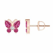 Pink Sapphire Stud Earrings with Diamond in 14K Gold (Grade-AAAA , 4x3MM) - £386.30 GBP