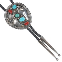 Vintage Navajo silver, turquoise and coral bolo tie with leaf design - £150.93 GBP