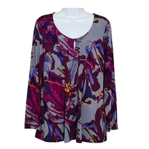 Daisy Fuentes Blouse Top L Purple Floral Babydoll V-Neck High Waist Long Sleeve - £23.42 GBP