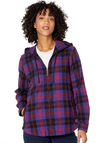 Primary image for LL Bean Flannel Jacket Size Medium Plaid Blue Red Hooded Zip Up Relaxed Womens