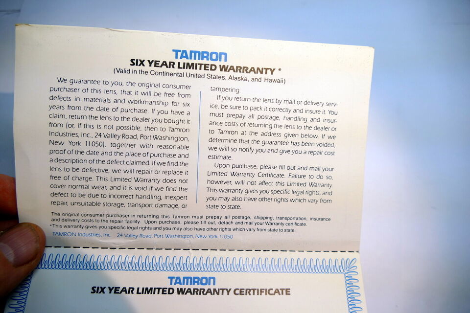 Tamron Certificate of Warranty  lens Card vintage  1980&#39;s - $7.03