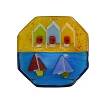 Hazel Millington Fused Glass Beach Scene Plate  Sailboats with Stand - $29.99