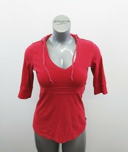Garage Women&#39;s V Neck Hooded Short Sleeve Top Size Large Ribbed Front Tie - £8.55 GBP