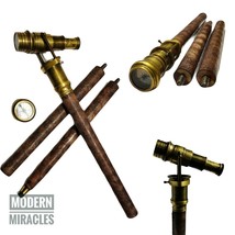 Brass Hidden Telescope with Compass on Top Walking Stick Leather Engraved Canes - £29.13 GBP
