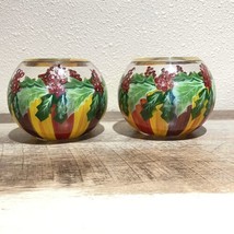 Set Of 2 MacKenzie Childs Glass Votive Bowl Vases Holly &amp; Berry Christmas Decor - £39.68 GBP