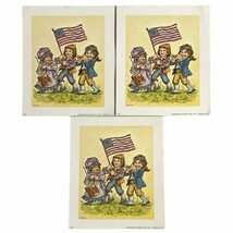 Vintage MCM Art Print Lot of 2 Children Kids Patriotic Bicentennial Flag 5&quot; x 6&quot; - £3.79 GBP