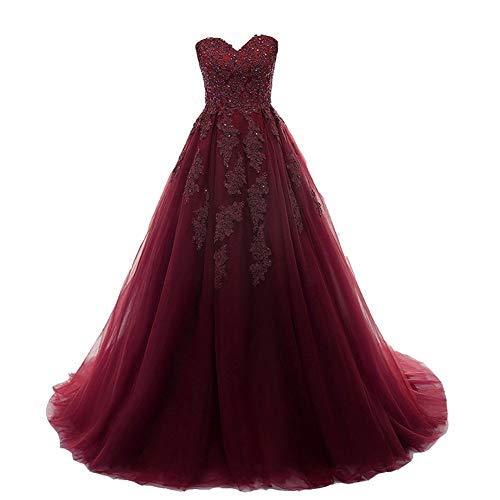 Kivary Plus Size Beaded Lace Ball Gown Long Formal Prom Evening Dresses Burgundy