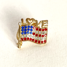Love Over US American Flag Gold Tone Red White Blue Rhinestones Lapel Hat Pin - $14.95