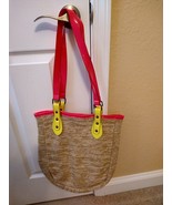 Large Beach Bag, Tan Woven Material With Pink and Yellow accents - $8.50
