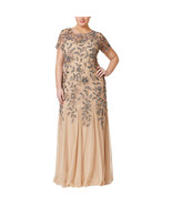 Adrianna Papell Beaded Short Sleeve Floral Godet Gown Taupe Pink  PLUS 2... - £203.63 GBP