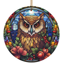 Cute Owl Bird Ornament Colorful Stained Glass Art Flower Wreath Christmas Gift - £11.82 GBP