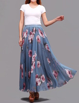 Summer Dusty Blue Floral Chiffon Skirt Outfit Women Plus Size Long Silky Skirt image 1