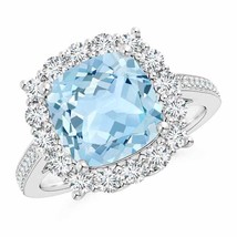 Authenticity Guarantee 
Cushion Aquamarine Cocktail Ring with Diamond Halo in... - £2,074.86 GBP