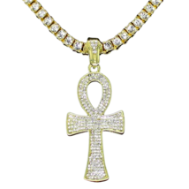 Ankh Cross CZ Pendant Tennis Chain Set 14k Gold Plated Hip Hop Jewelry Necklace - £14.81 GBP+