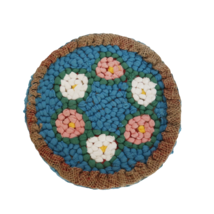 Cute vintage hand woven trivet blue with pink &amp; white flowers - $12.00