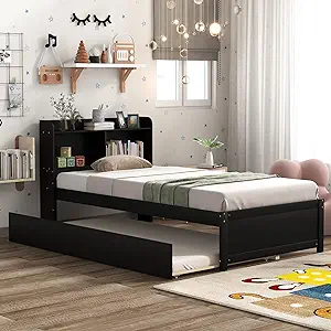 Twin Size Platform Bed With Trundle &amp; Bookcase, Wood Bedframe For Kids T... - £398.33 GBP