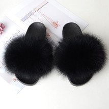 Slides Plus Size Summer Open Toe Fluffy Real Hair Slippers Casual Black Slip On  - £37.48 GBP