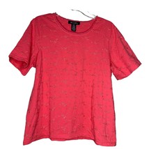 Denim &amp; Co. Womens Tee Top Red Large Short Sleeve Embroidered Floral Cotton - $17.81