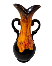 Collectible VANGELINE Canada Art Pottery VASE 2 Handle Black Orange Drip Glaze  - £14.72 GBP