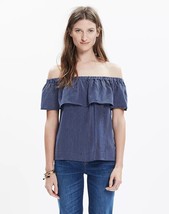 Madewell Silk Balcony Off-the-Shoulder Top in Stripe Womens SZ Small Blue White - £11.76 GBP