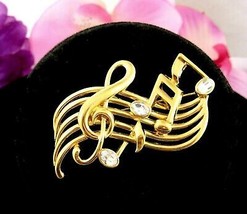 Treble Clef Music Staff Pin Vintage Brooch Rhinestone Eighth Notes Goldtone - £15.10 GBP