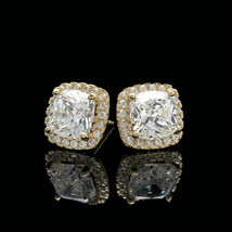 2 Ct Halo Cushion &amp; Simulated Diamond Earrings 14k Yellow Gold Plated Studs - £52.28 GBP