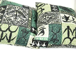 Hawaiian Tribal Print Pillows Set of 2 Green Black Tiki Ocean Surfers 13&quot; Square - £18.41 GBP