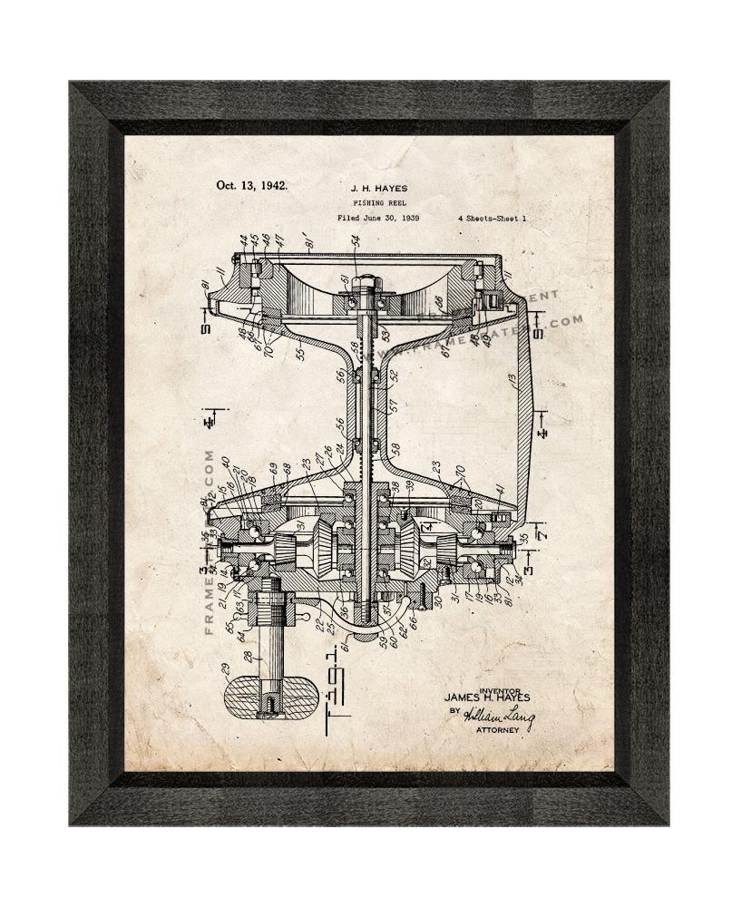 Fishing Reel Patent Print Old Look with Beveled Wood Frame
