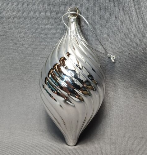 Primary image for Vintage Hand Blown Art Glass Swirl Teardrop Silver Chrome Christmas Ornament 5"