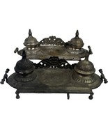 Antique Vintage Brass Metal Double Inkstand Ink Stand Desktop Ornate Son... - $92.65 CAD