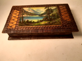 Antique Tramp Art Style Trinket Box with Decoupage Mountain Scene - £40.47 GBP