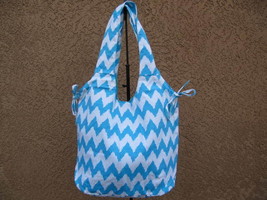 Sky Blue &amp; White Chevron  Canvas Shopper Beach Gym Tote Bag Grocery  Purse Big - £7.89 GBP