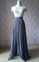 Grey Side Slit Tulle Skirt Custom Plus Size Bridesmaid Long Tulle Skirt