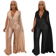 Women Deep V Backless Long Slit Sleeves Sequins Casual Cocktail Party Ju... - $25.99