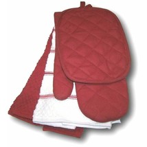 Sedona Kitchen Set Red and White 5-Piece 2 Potholders 2 Towels Oven Mitt... - $17.96