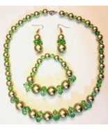 Green Faux Pearl &amp; Crystal Bead Necklace Bracelet Dangle Earrings 3 pc G... - £19.43 GBP