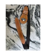 Vintage Black Elastic Belt Leather Trim Brass Buckle Western 31” Stretch... - $18.00