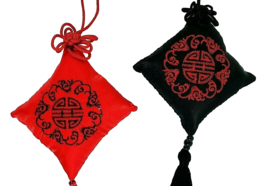 Diamond Shaped Oriental Pillows Ornaments 1 Red &amp; 1 Black 6&quot; x 16&quot; Set Of 2 - £11.90 GBP