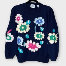 VINTAGE 3D knit colorful flower navy blue sweater size large cottagecore - £49.12 GBP