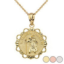 10K Solid Gold Saint St. Christopher Protect Us Round Pendant Necklace - £141.32 GBP+