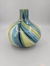 Drop Style Blue &amp; Green Swirl Hand Blown Art Glass Venetian Vase - £45.07 GBP