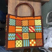 Crochet Handmade bag Stylish Cotton colorful squares Tote Bag Lucite handles - £31.45 GBP