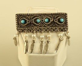 Vintage Sterling Silver Israel Rectangle Shape Scroll Turquoise Pearl Brooch Pin - £35.14 GBP
