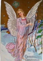 Angel With Harp Christmas Greetings Postcard Vintage Embossed 1909 Silver Stars - £15.13 GBP