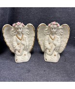 Pair Of MCM Vintage Kneeling Angel Taper Candle Holder Ceramic Rose Halo - £10.39 GBP
